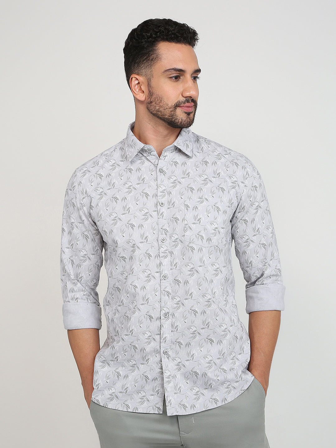 Parx Men Grey Slim Fit Printed Casual Shirt