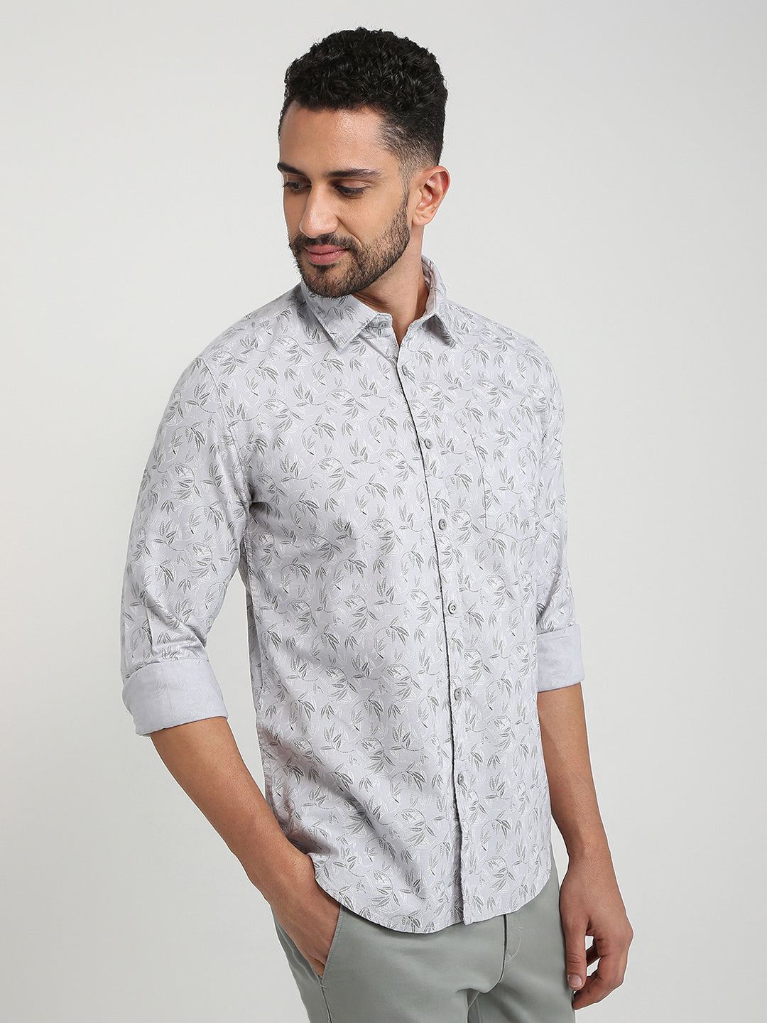 Parx Men Grey Slim Fit Printed Casual Shirt