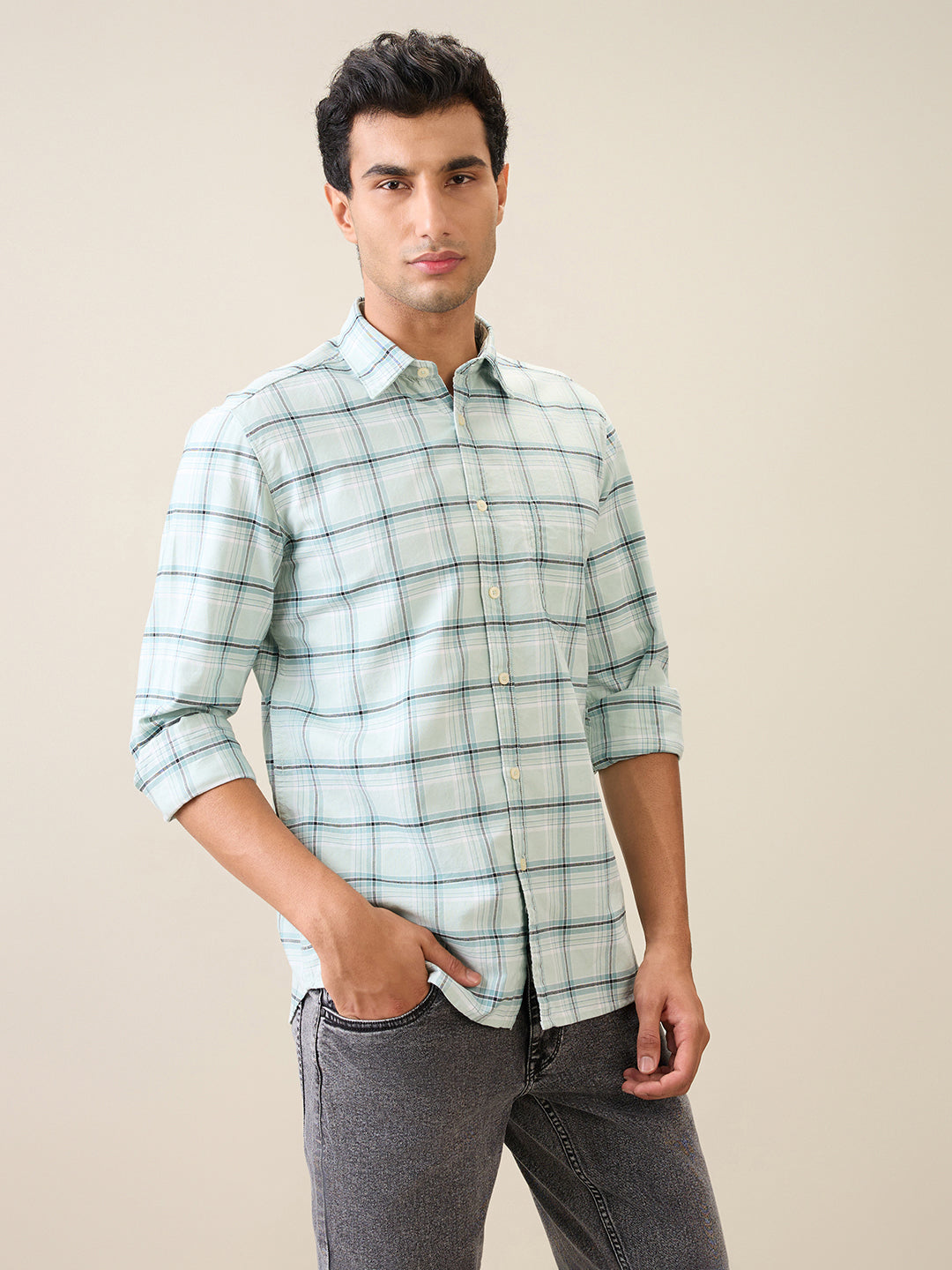 Parx Men Green Checks Slim Fit Cotton Casual Shirt