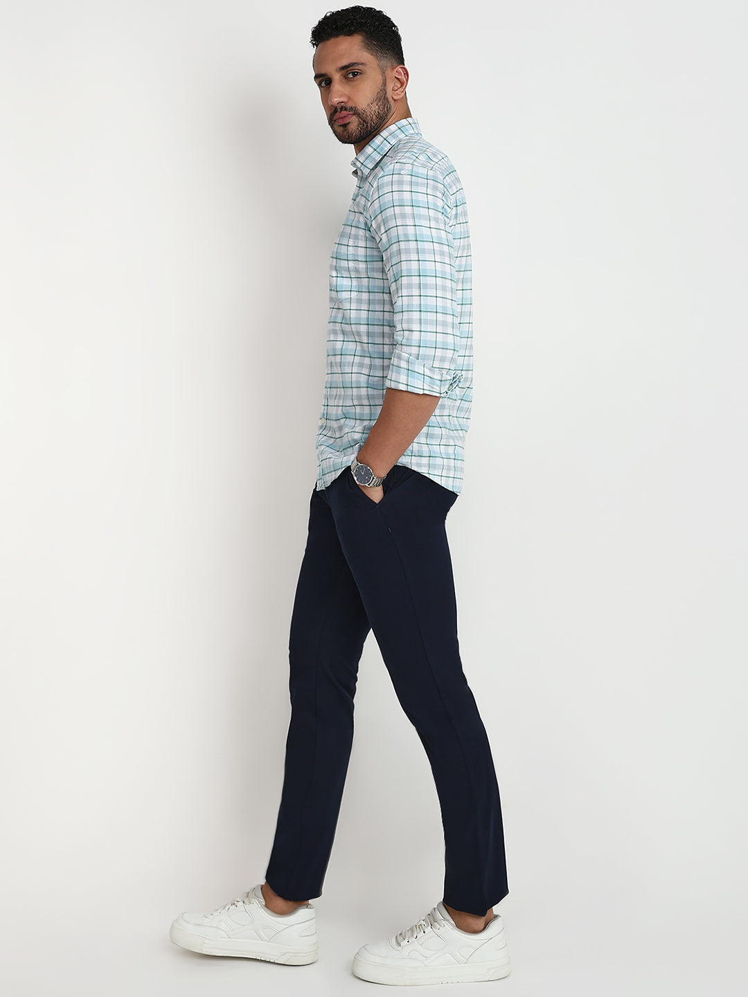 Parx Men Blue Checks Slim Fit Cotton Blend Casual Shirt