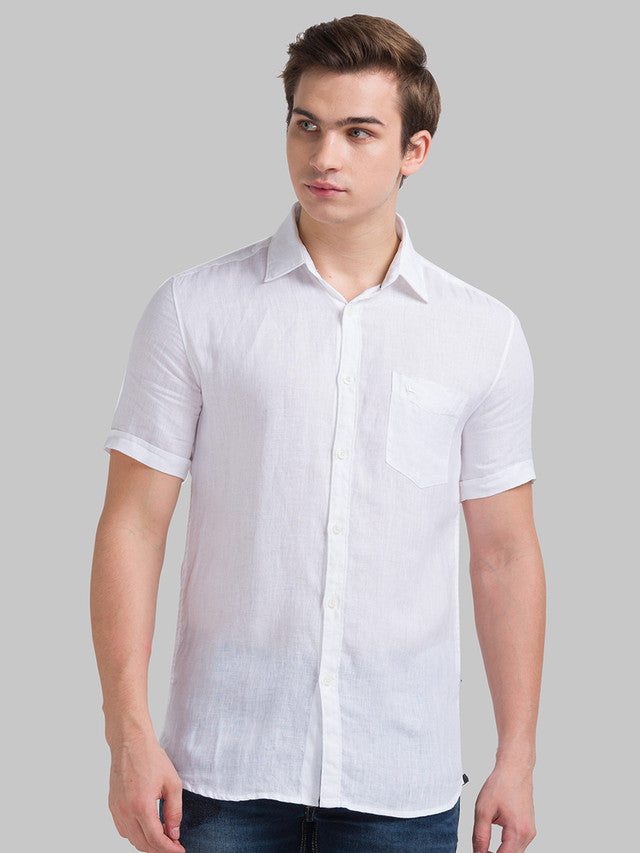 Parx White Solid Slim Fit Linen Casual Shirt