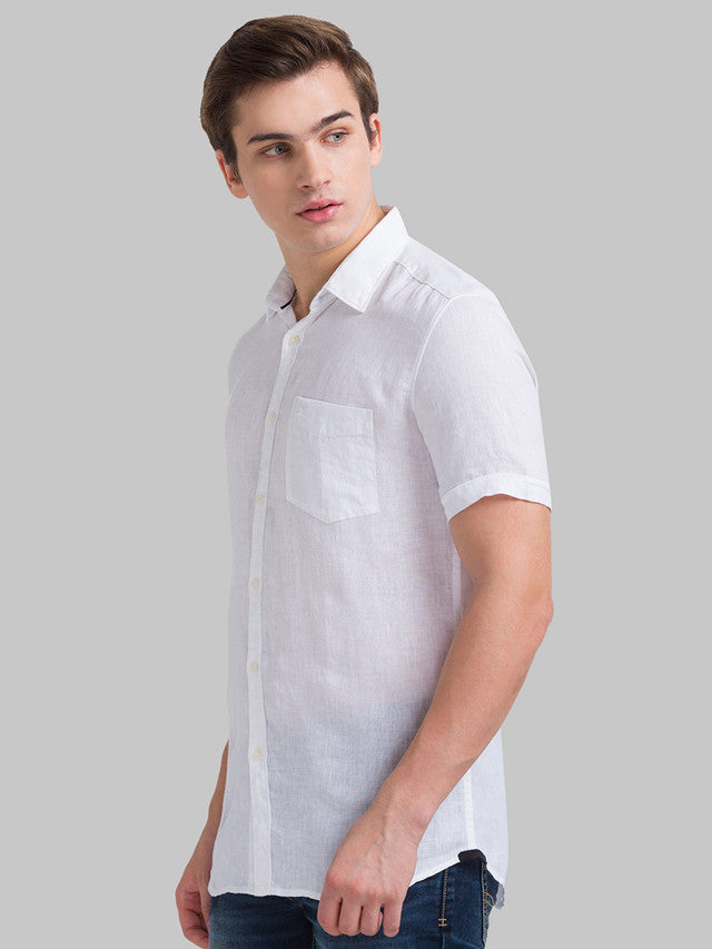 Parx White Solid Slim Fit Linen Casual Shirt