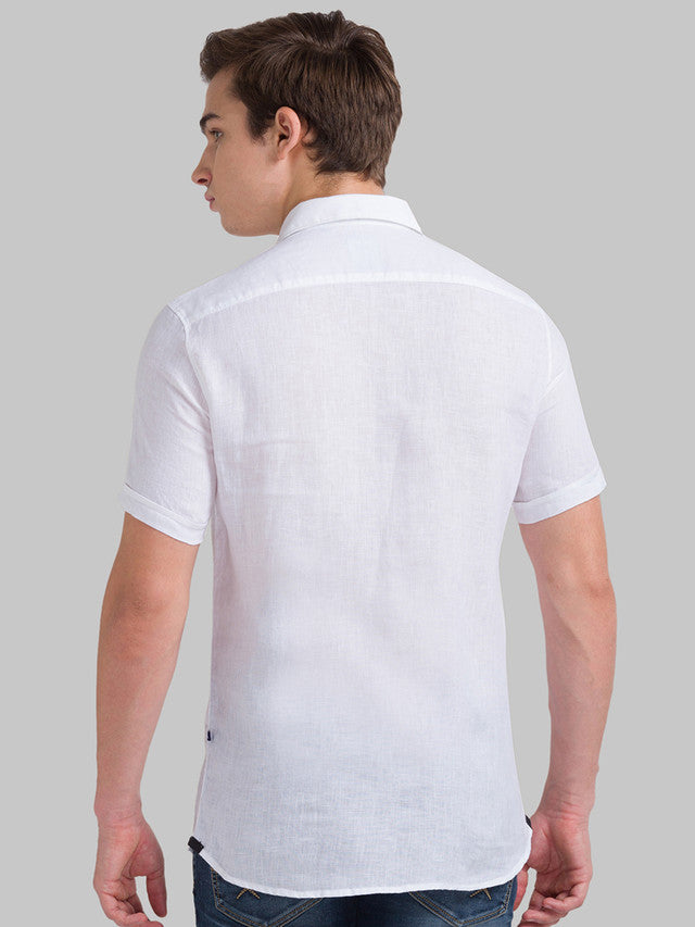 Parx White Solid Slim Fit Linen Casual Shirt