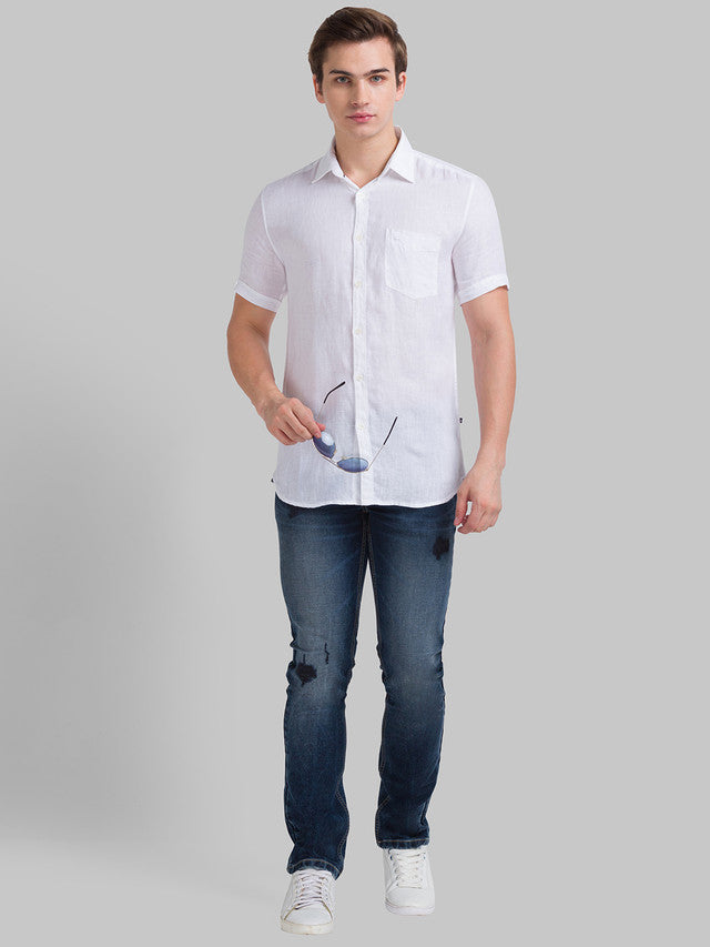 Parx White Solid Slim Fit Linen Casual Shirt