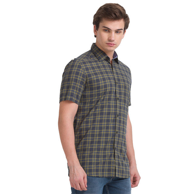 Parx Green Checks Slim Fit Cotton Casual Shirt