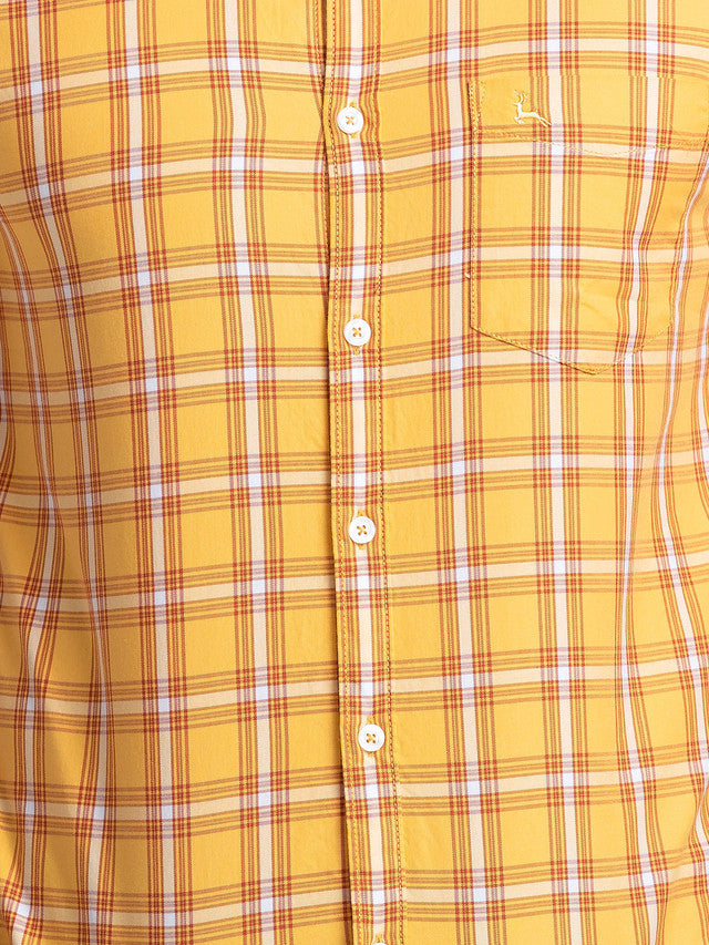 Parx Yellow Checks Slim Fit Cotton Casual Shirt