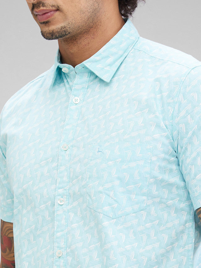 Parx Blue Printed Slim Fit Cotton Casual Shirt