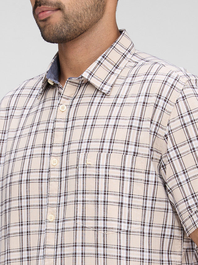 Parx Brown Checks Slim Fit Cotton Casual Shirt