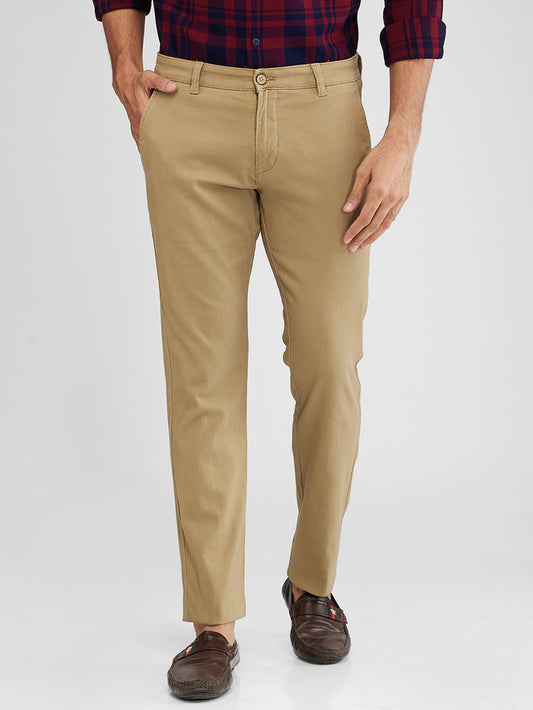 Parx Khaki Solid Low Rise Tapered Fit Cotton Blend Trouser