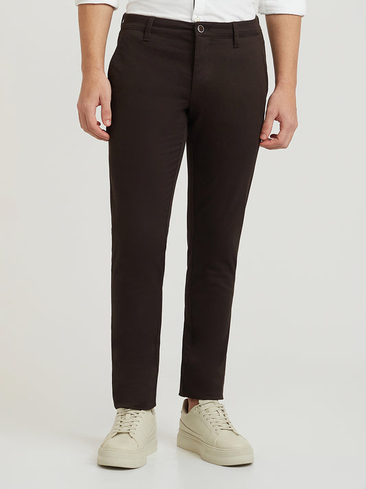 Parx Men Brown Tapered Fit Solid Cotton Spandex Trouser