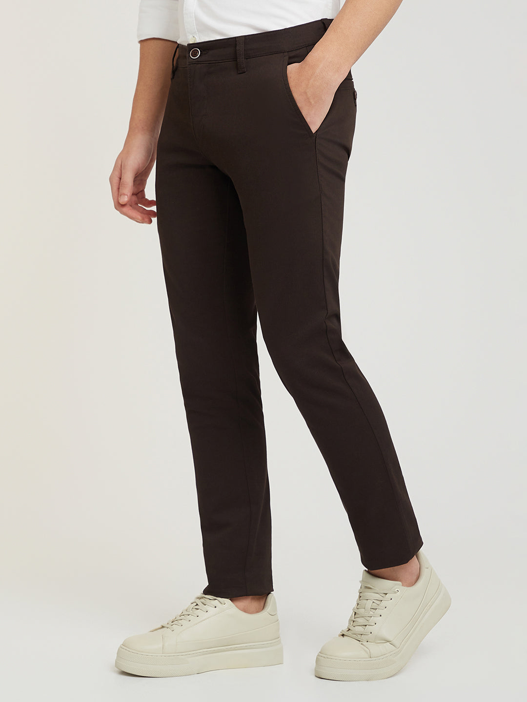 Parx Men Brown Tapered Fit Solid Cotton Spandex Trouser