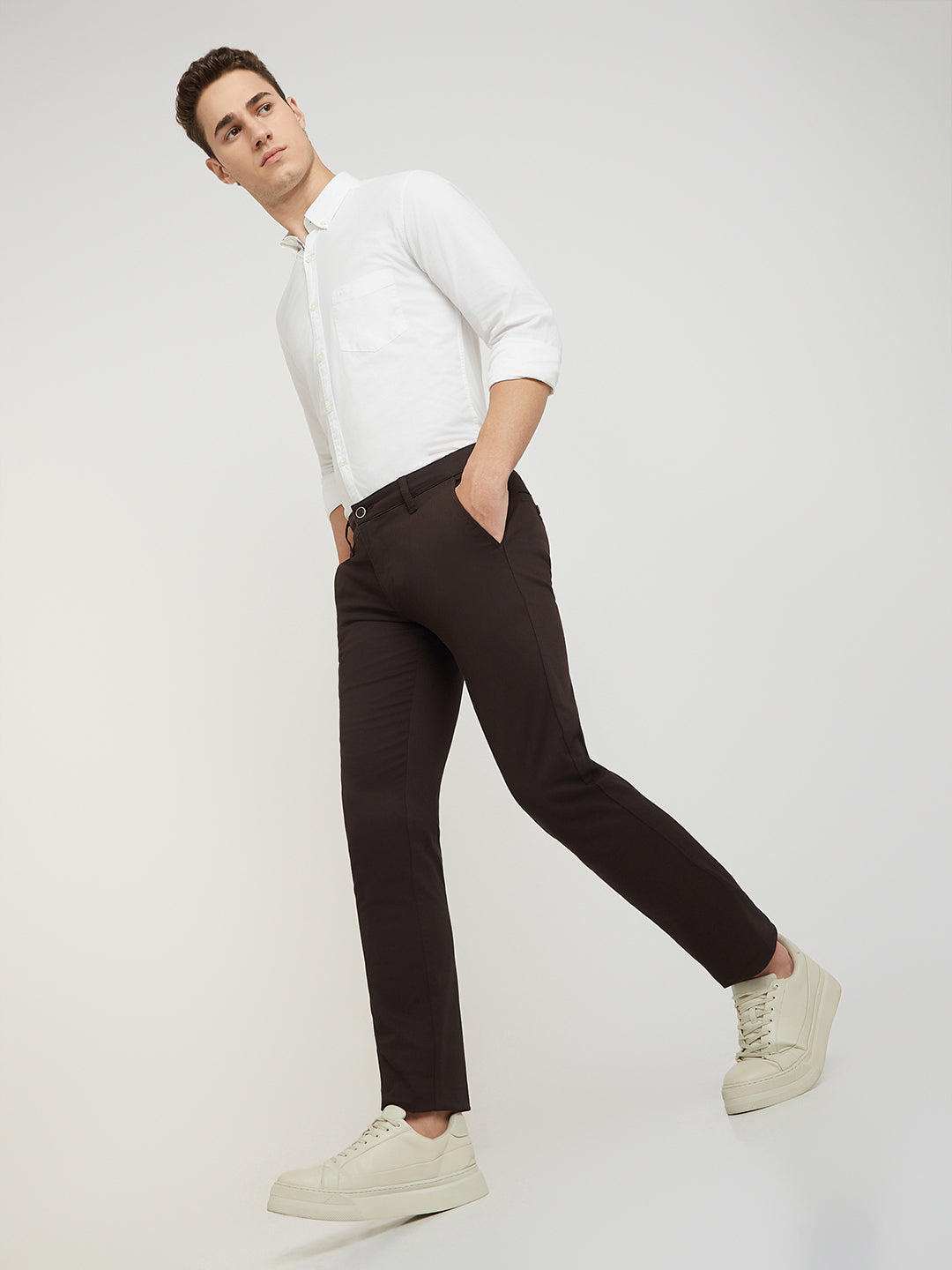 Parx Men Brown Tapered Fit Solid Cotton Spandex Trouser