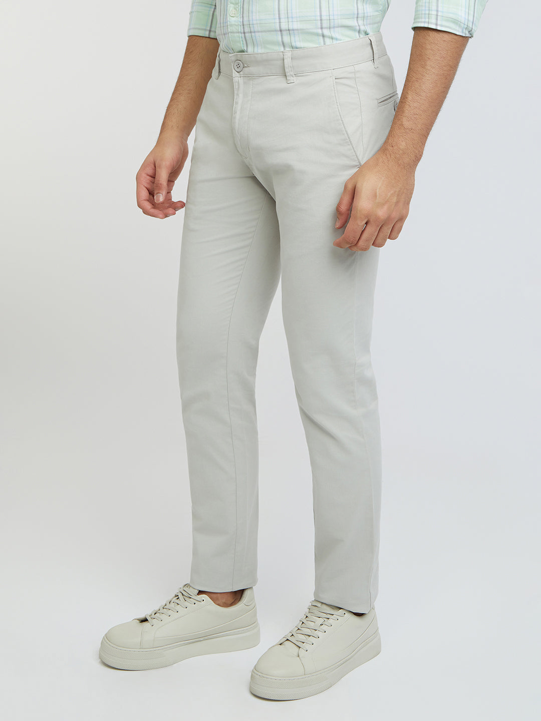 Parx Grey Solid Low Rise Tapered Fit Cotton Blend Trouser