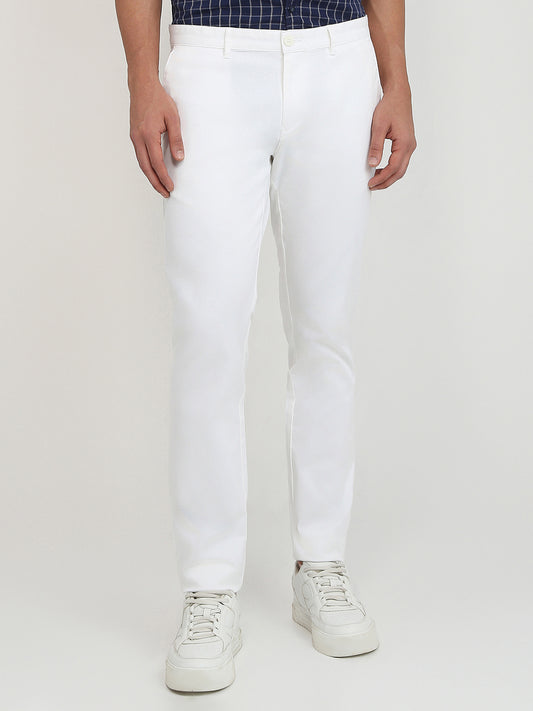 Parx Men White Twill Low Rise Tapered Fit Cotton Blend Trouser