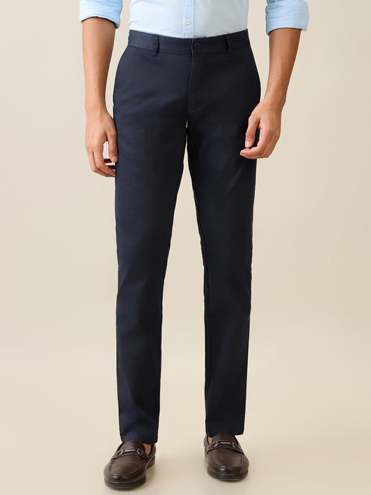 Parx Men Blue Satin Low Rise Tapered Fit Cotton Blend Trouser