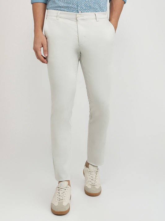 Parx Men Grey Solid Low Rise Tapered Fit Cotton Blend Trouser
