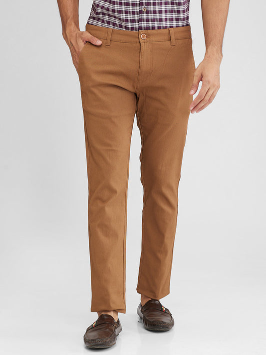 Parx Khaki Printed Super Slim Fit Cotton Blend Trouser