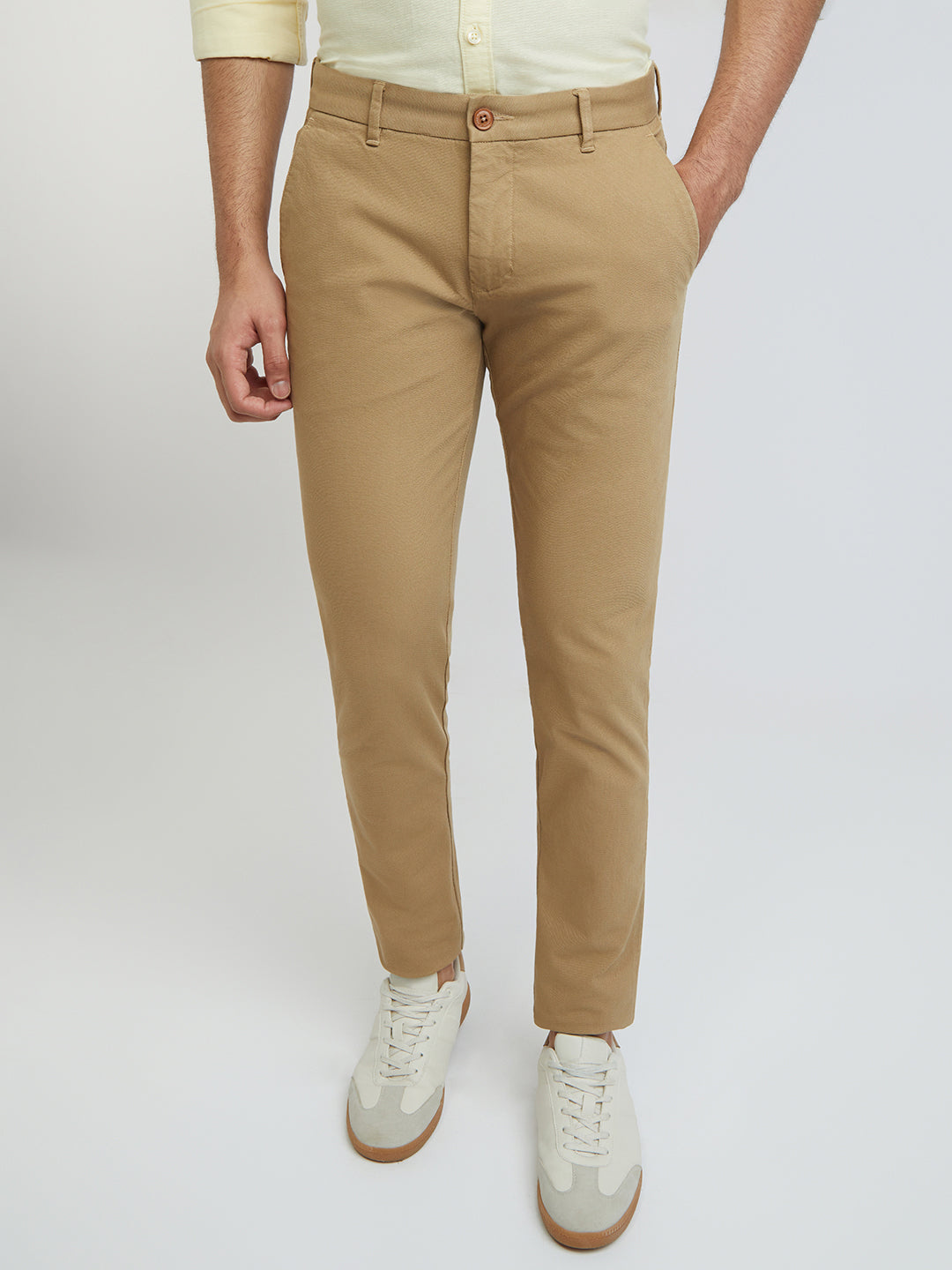 Men Khaki Lrt Fit Piece Dyed Cotton Blend Trouser