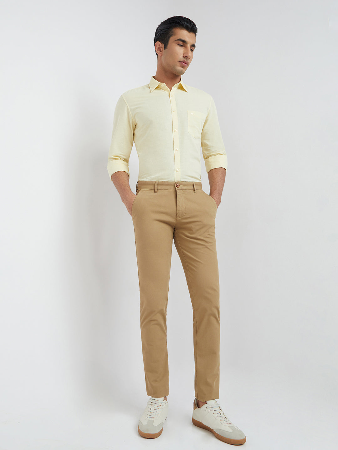 Men Khaki Lrt Fit Piece Dyed Cotton Blend Trouser