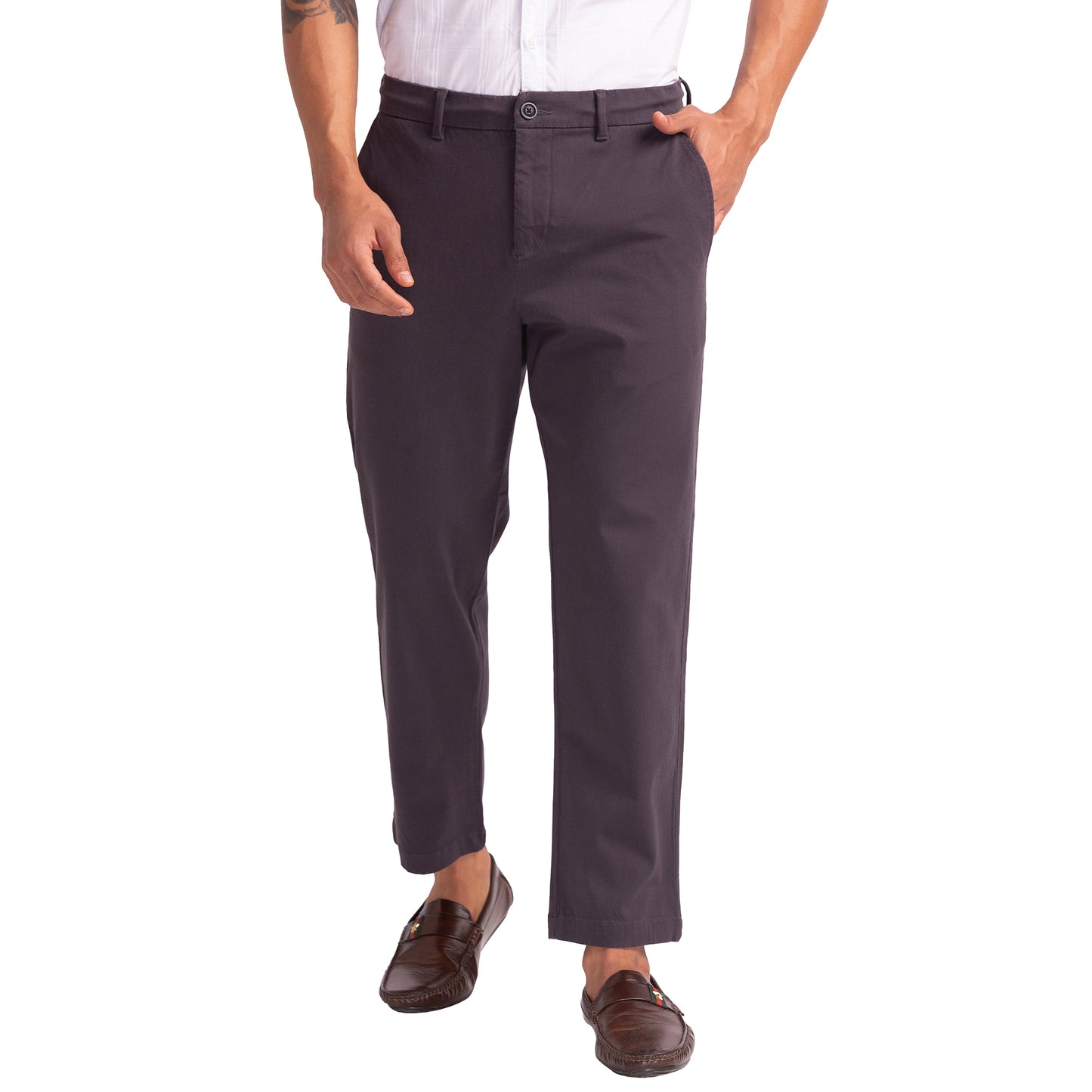 Men Grey Carrot Fit Solid Cotton Blend Trouser