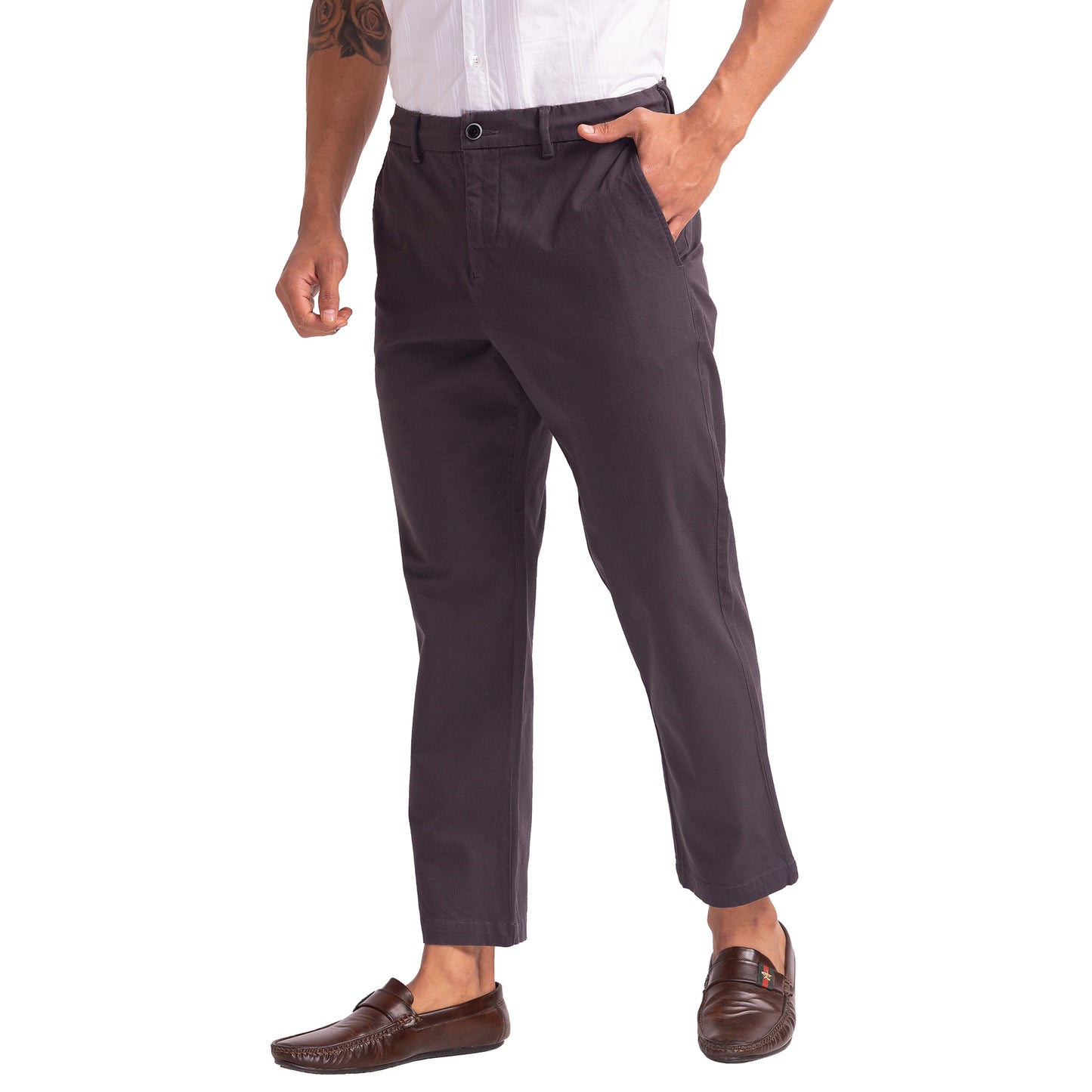 Men Grey Carrot Fit Solid Cotton Blend Trouser