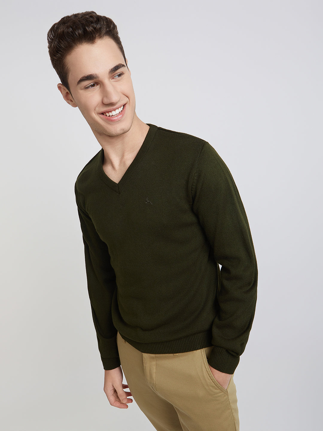 Men Green Solid Acrylic Full Sleeve Sweaters