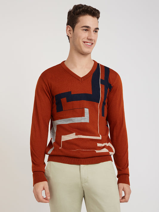 Men Orange Intarsia Acrylic Full Sleeve Sweaters