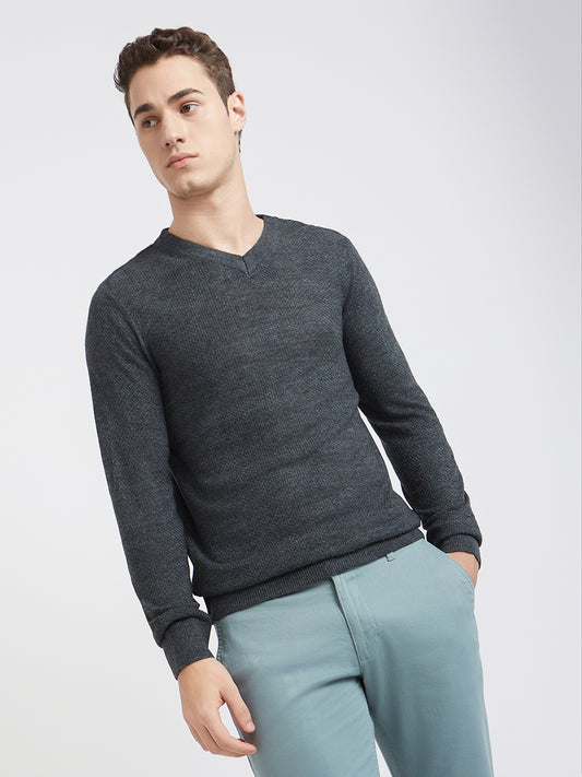 Men Grey Structure Acrylic Full Sleeve Sweaters