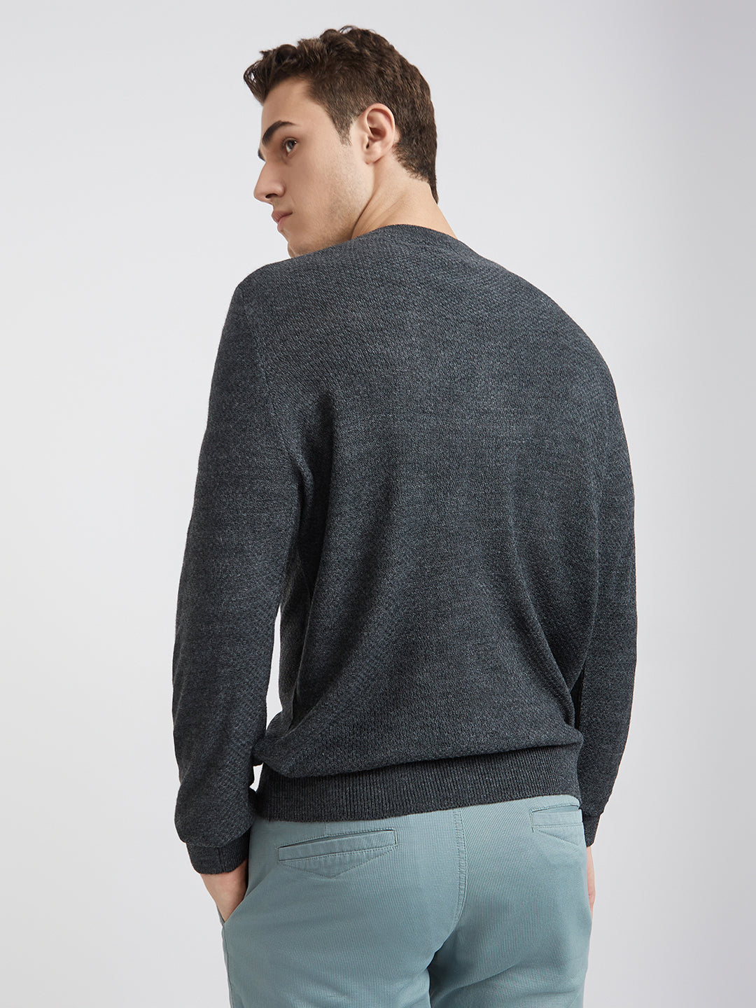 Men Grey Structure Acrylic Full Sleeve Sweaters