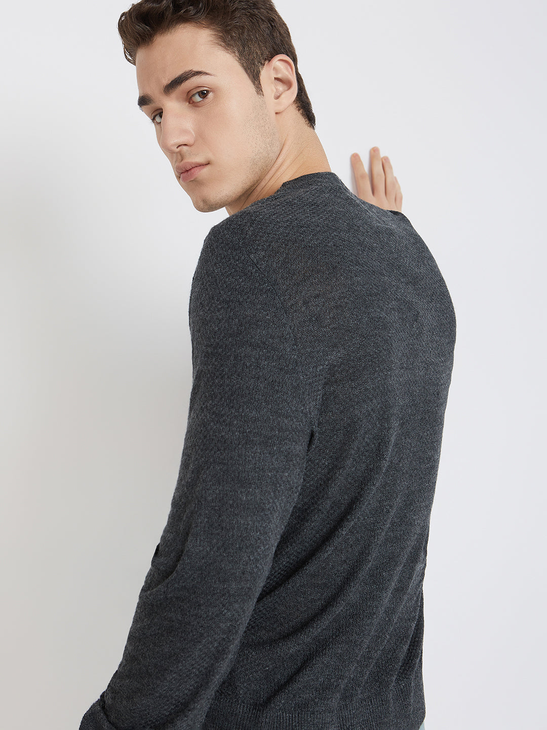 Men Grey Structure Acrylic Full Sleeve Sweaters