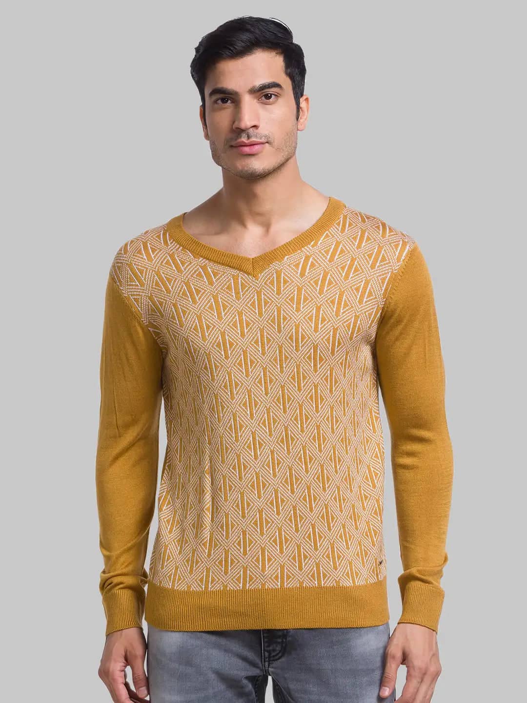 Parx Men Yellow Regular Fit Yarn Dyed Acrylic Full Sleeves V Neck Sweater