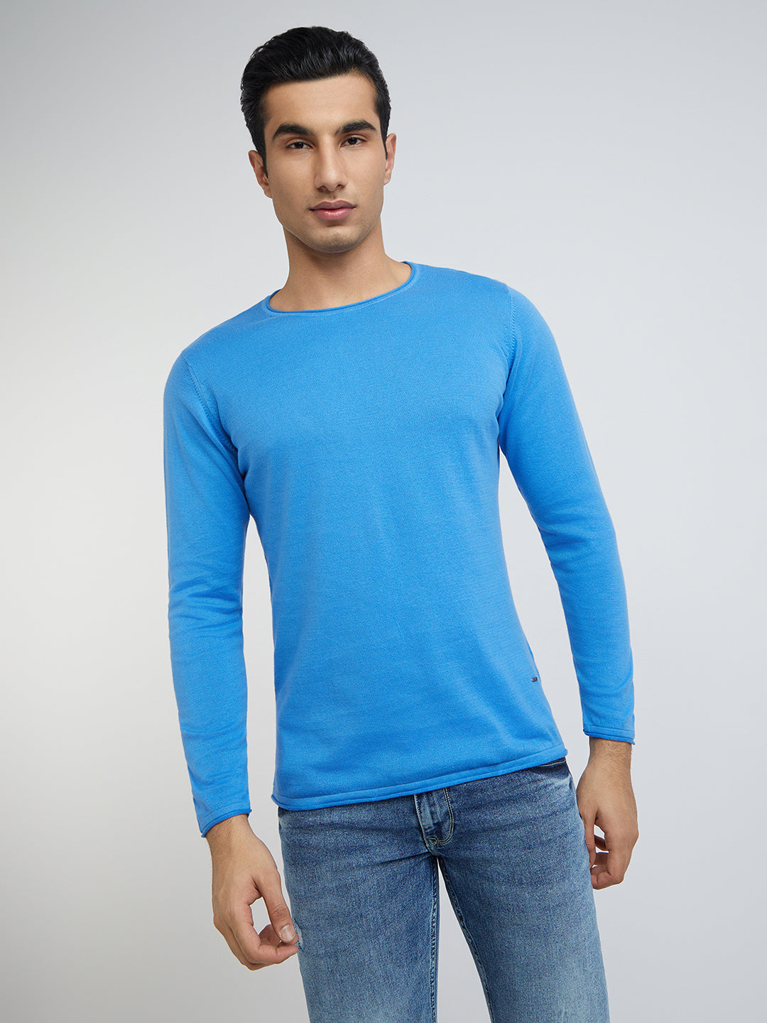 Men Blue Solid Cotton Full Sleeve Sweaters