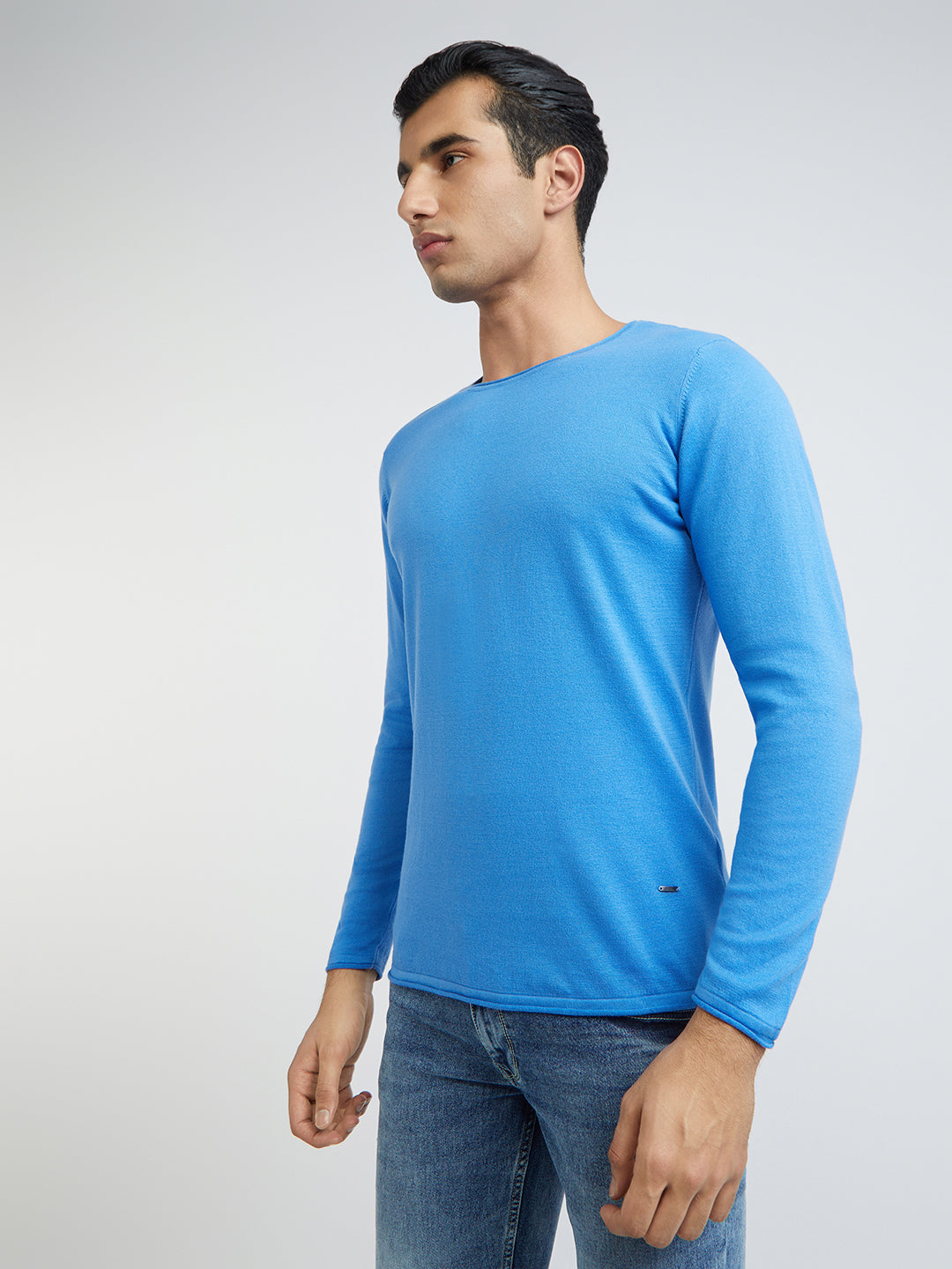 Men Blue Solid Cotton Full Sleeve Sweaters