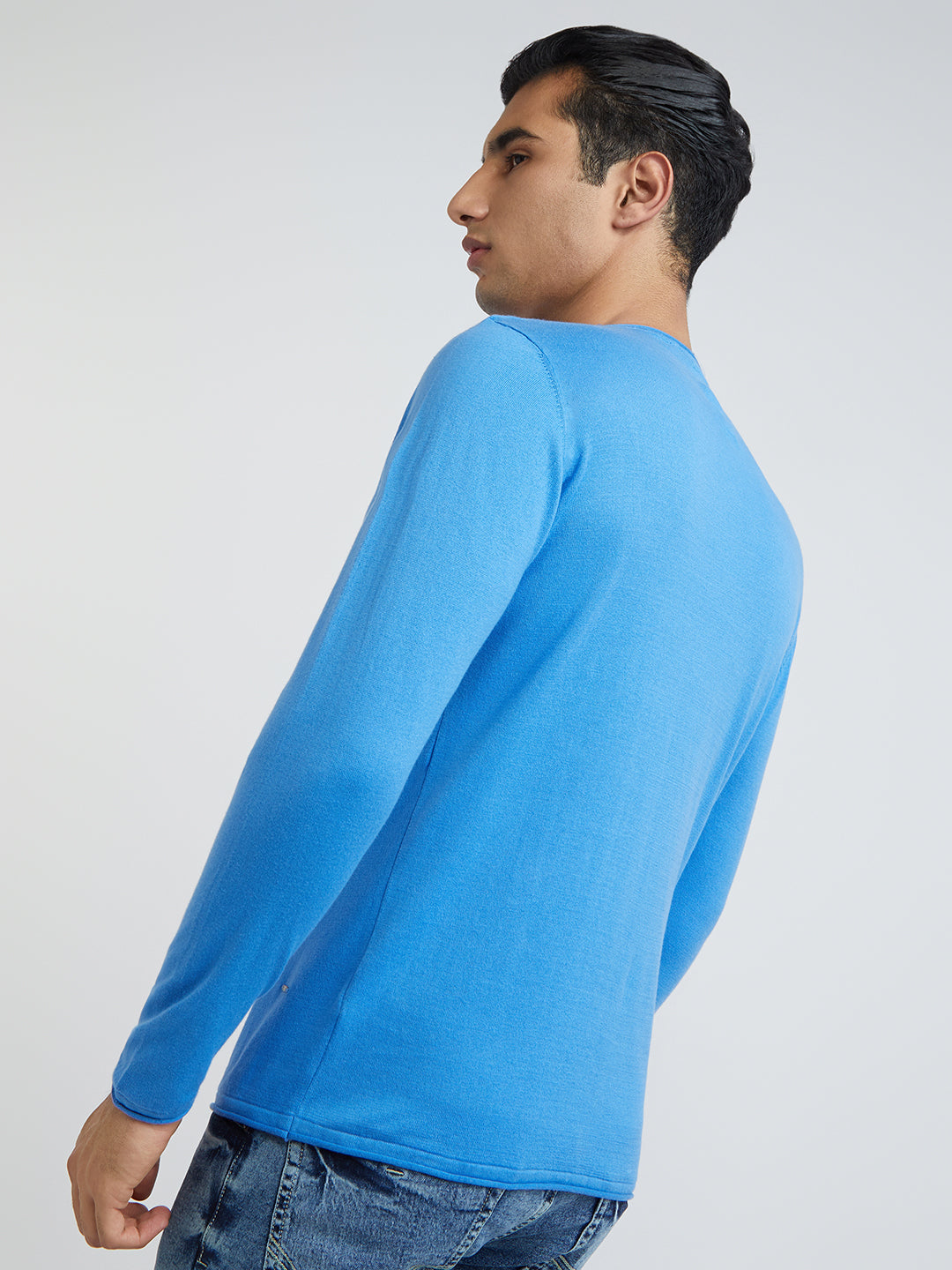 Men Blue Solid Cotton Full Sleeve Sweaters