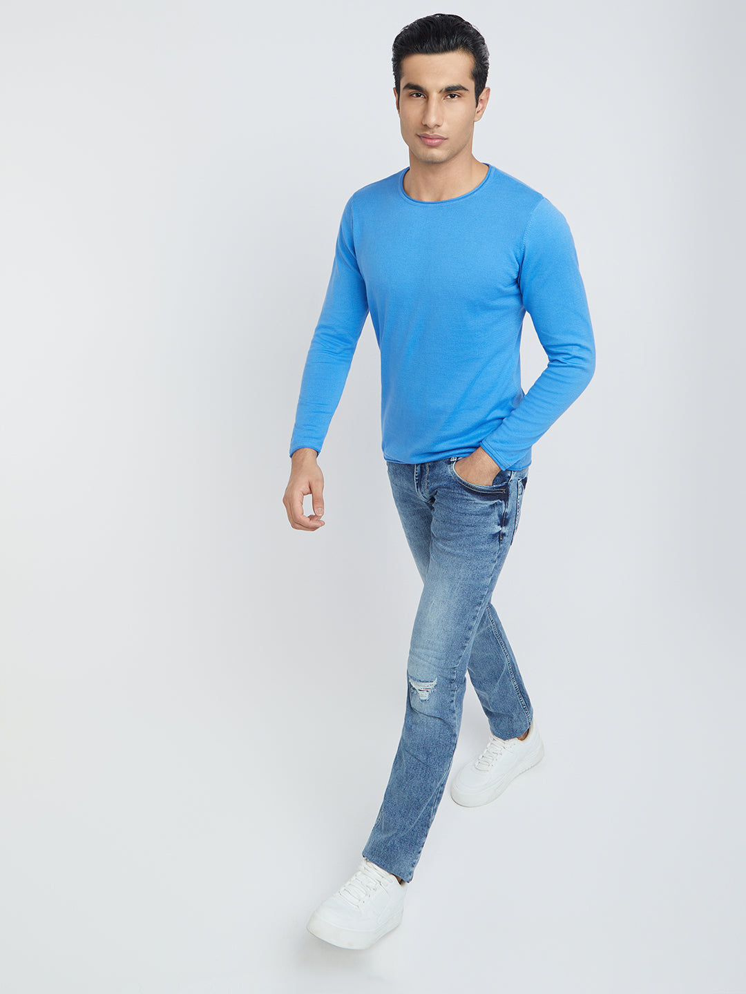 Men Blue Solid Cotton Full Sleeve Sweaters