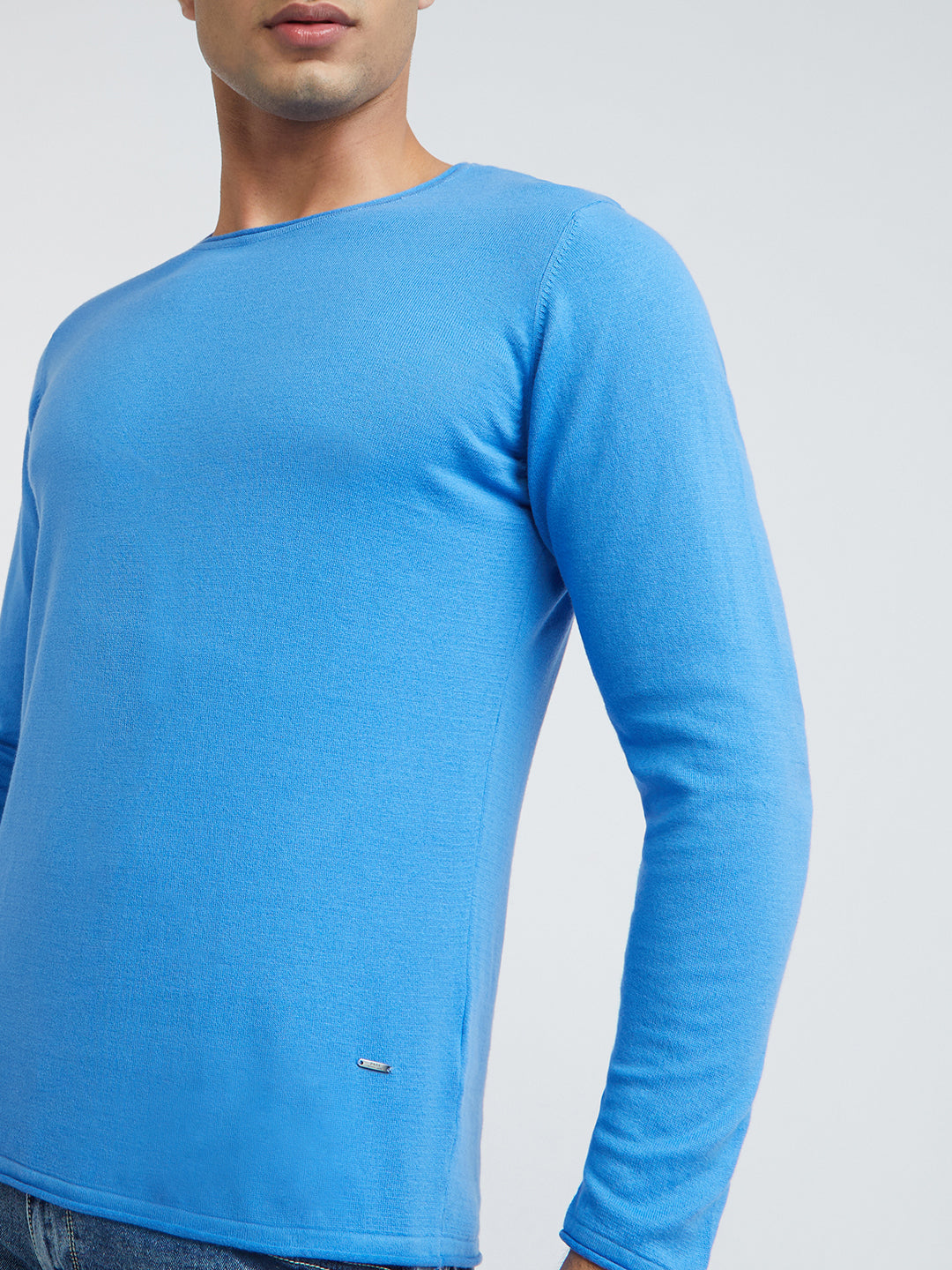 Men Blue Solid Cotton Full Sleeve Sweaters