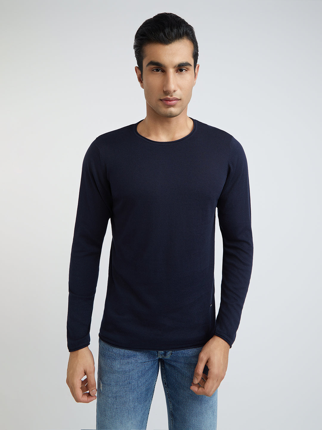 Men Blue Solid Cotton Full Sleeve Sweaters