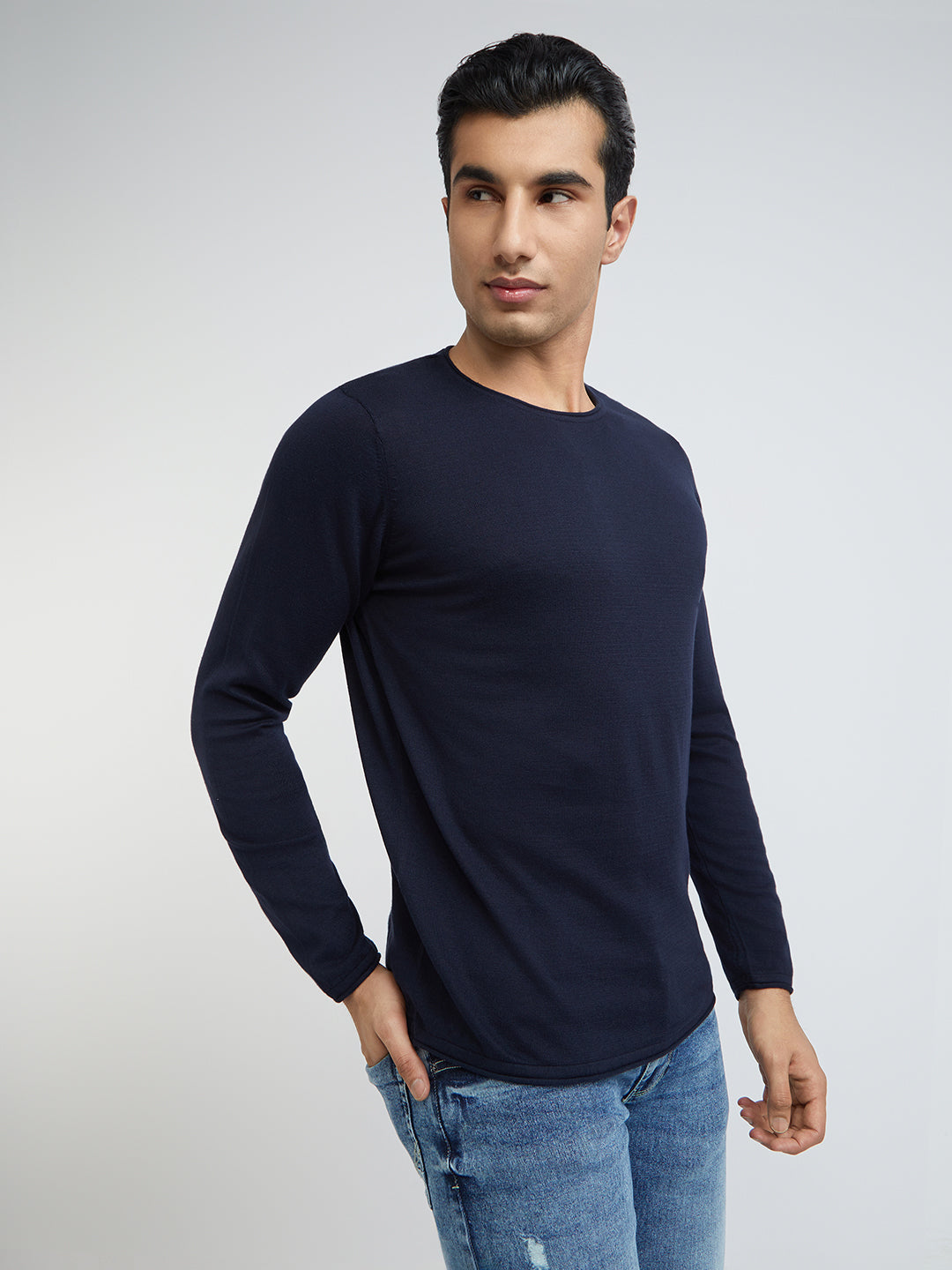 Men Blue Solid Cotton Full Sleeve Sweaters