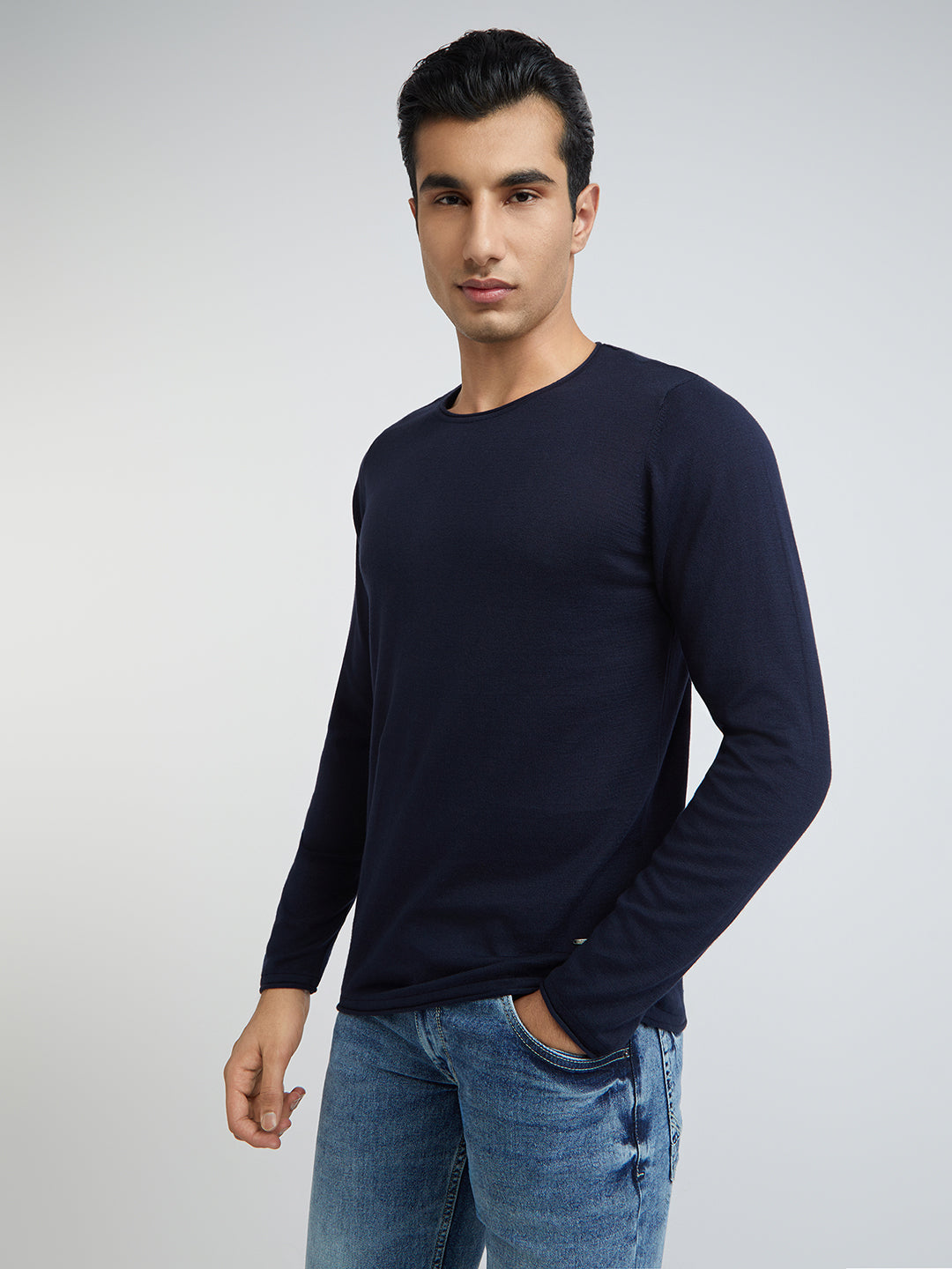 Men Blue Solid Cotton Full Sleeve Sweaters