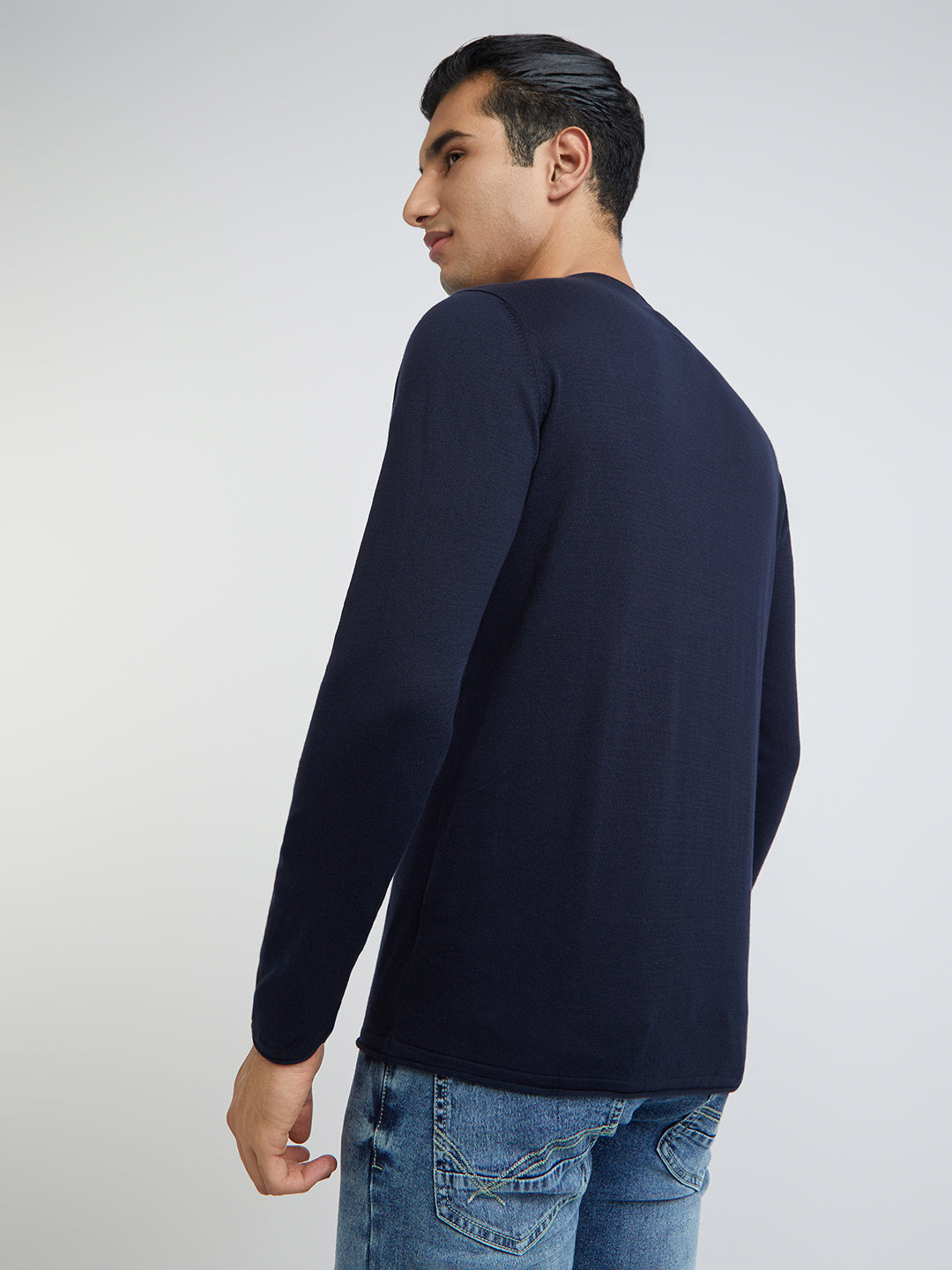 Men Blue Solid Cotton Full Sleeve Sweaters