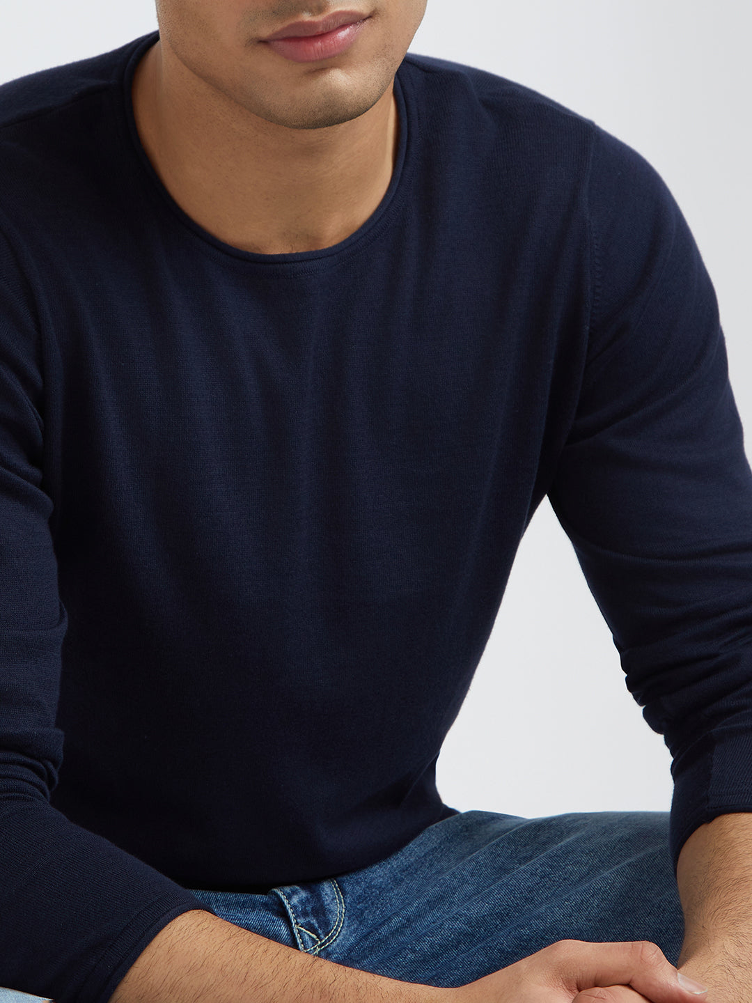 Men Blue Solid Cotton Full Sleeve Sweaters