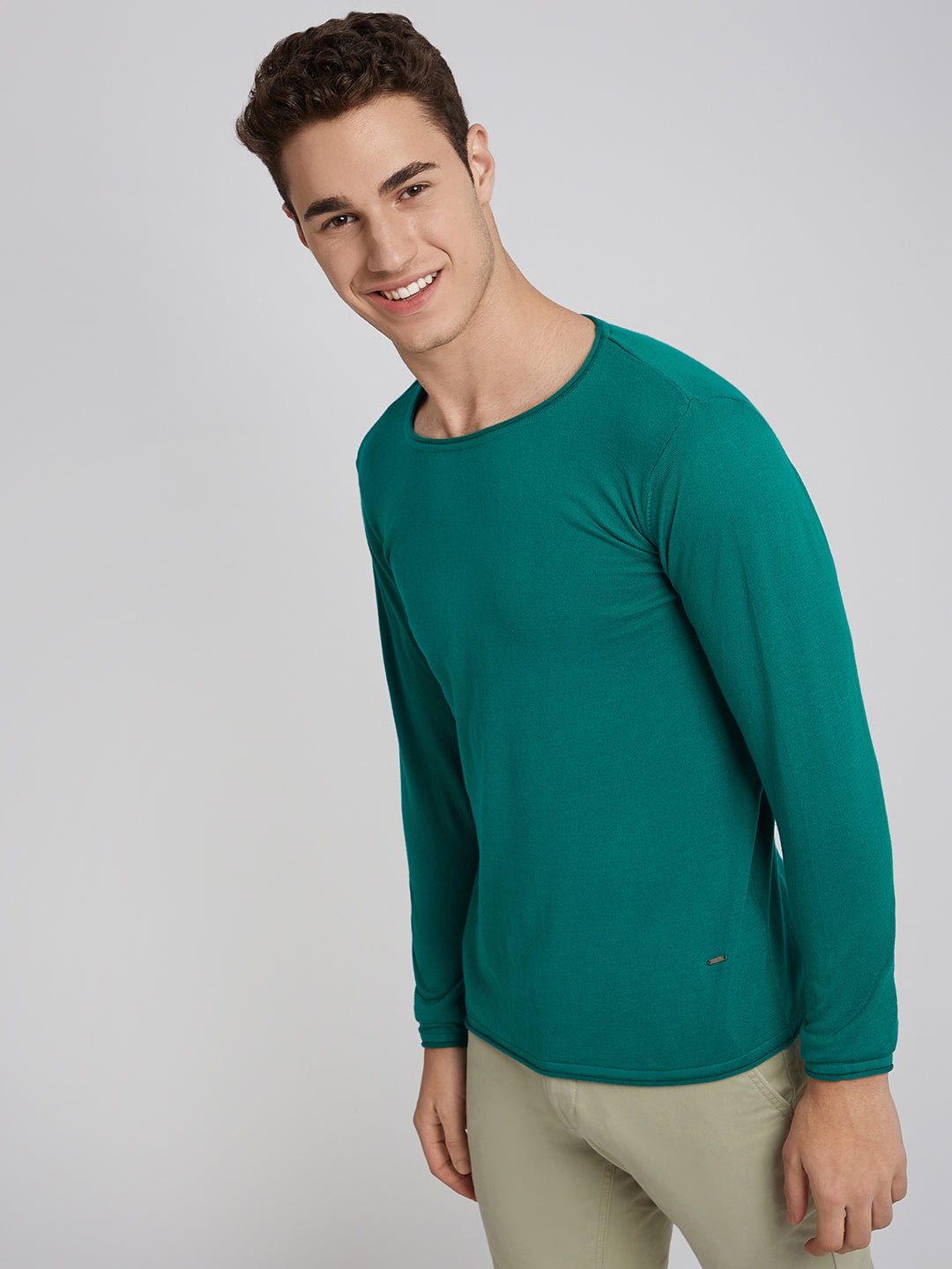 Men Green Solid Cotton Full Sleeve Sweaters