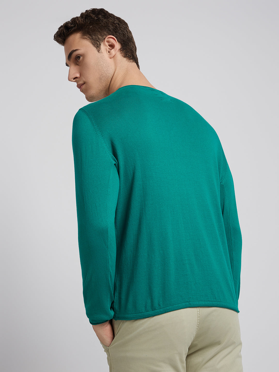 Men Green Solid Cotton Full Sleeve Sweaters