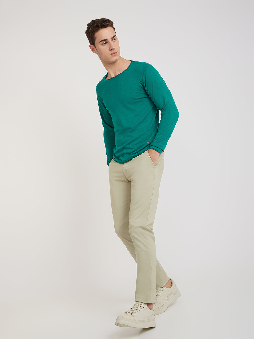 Men Green Solid Cotton Full Sleeve Sweaters