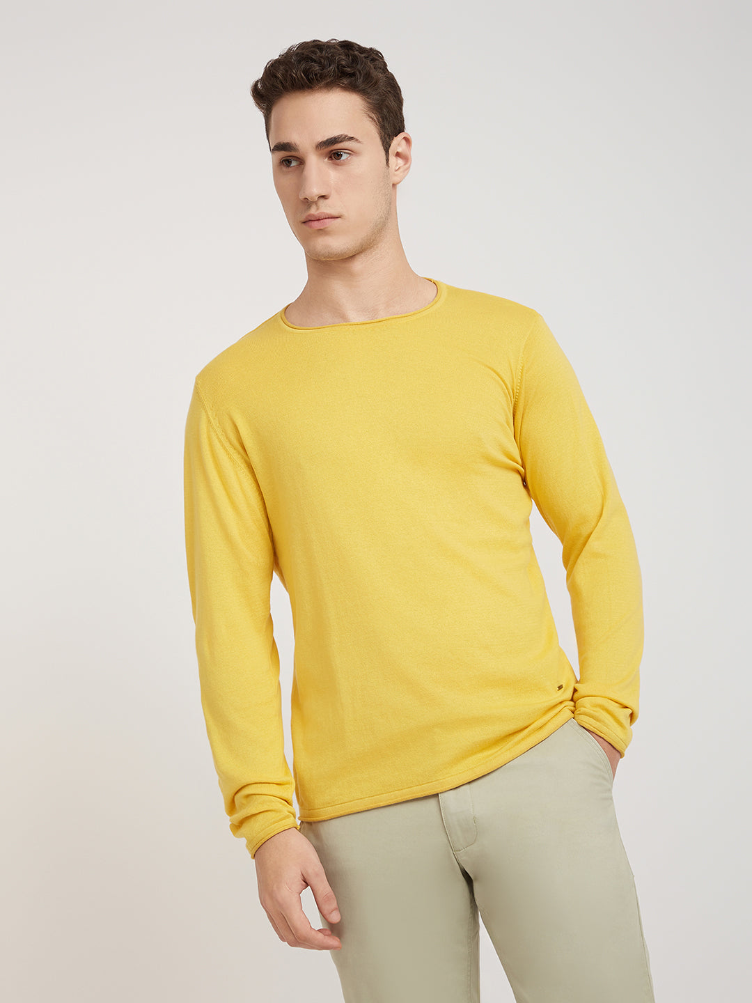 Men Yellow Solid Cotton Full Sleeve Sweaters