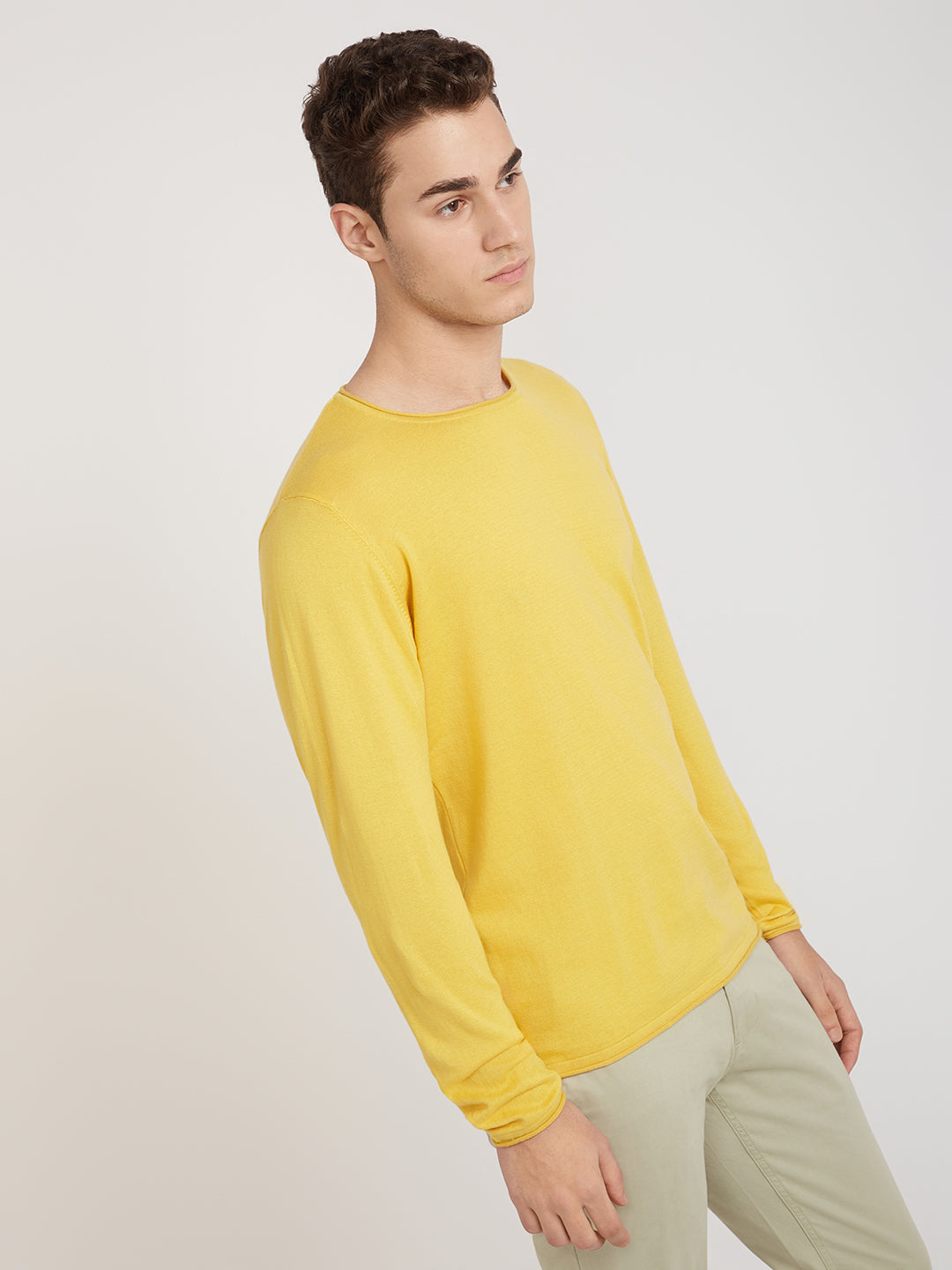 Men Yellow Solid Cotton Full Sleeve Sweaters