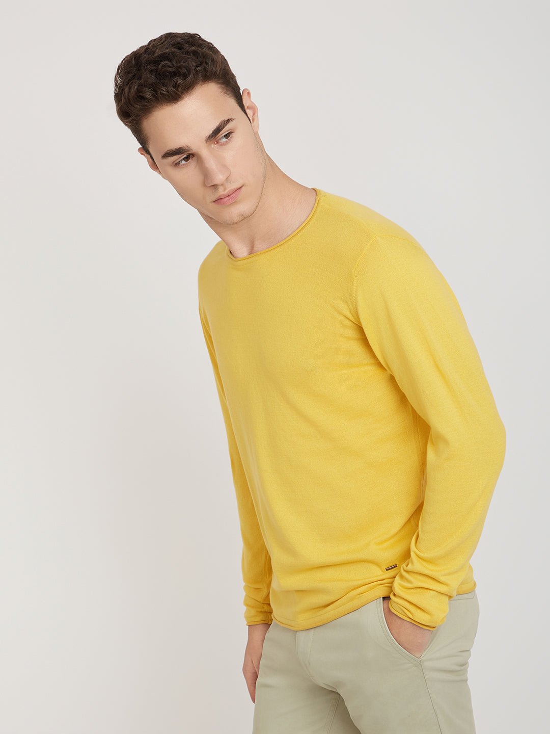 Men Yellow Solid Cotton Full Sleeve Sweaters