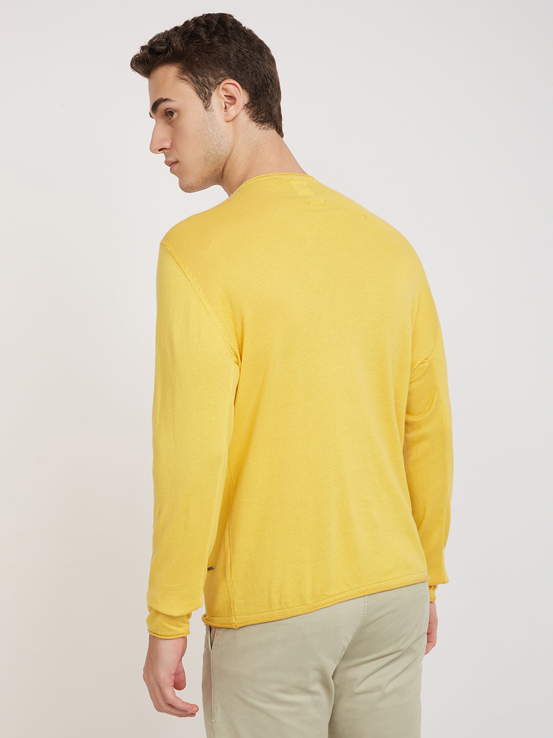 Men Yellow Solid Cotton Full Sleeve Sweaters