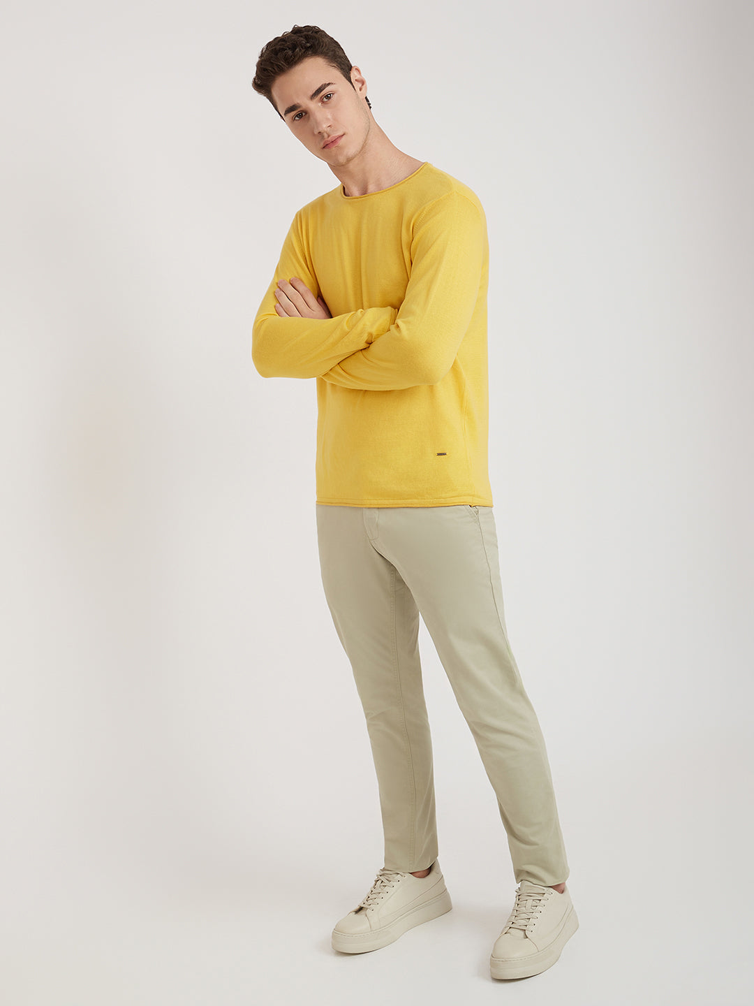 Men Yellow Solid Cotton Full Sleeve Sweaters