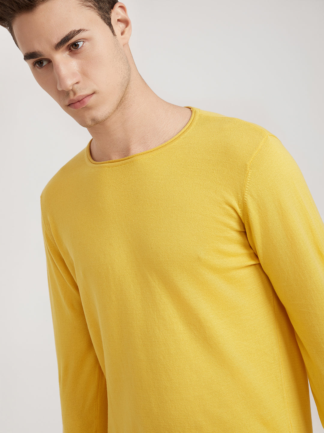 Men Yellow Solid Cotton Full Sleeve Sweaters